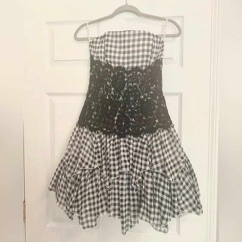 Jessica McClintock Black Lace and Gingham Dress - Picture 2 of 5
